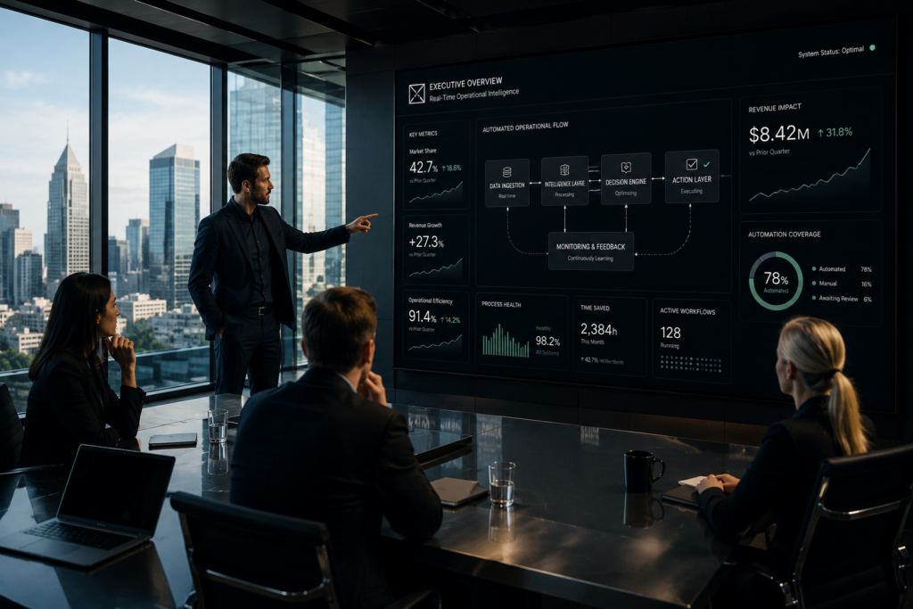 agentic ai services persionn poointing towards the persentation showing their systems improved
